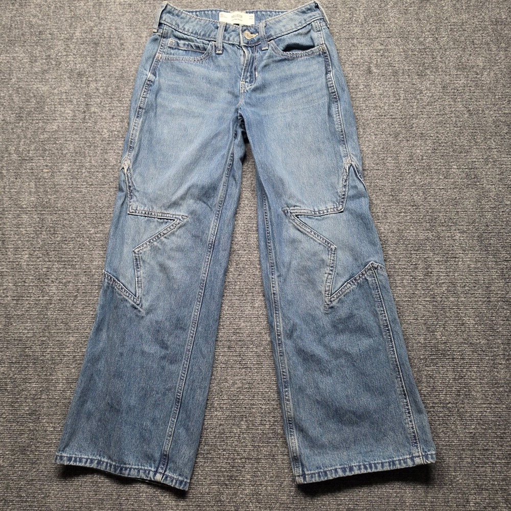 Hollister Star Seam Low Rise Baggy Jeans Size 00s W24 Short Wide Leg Y2K Denim - Picture 3 of 10